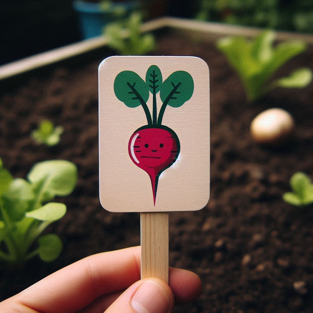 A flat stick with a drawing of a radish on it used as a garden marker