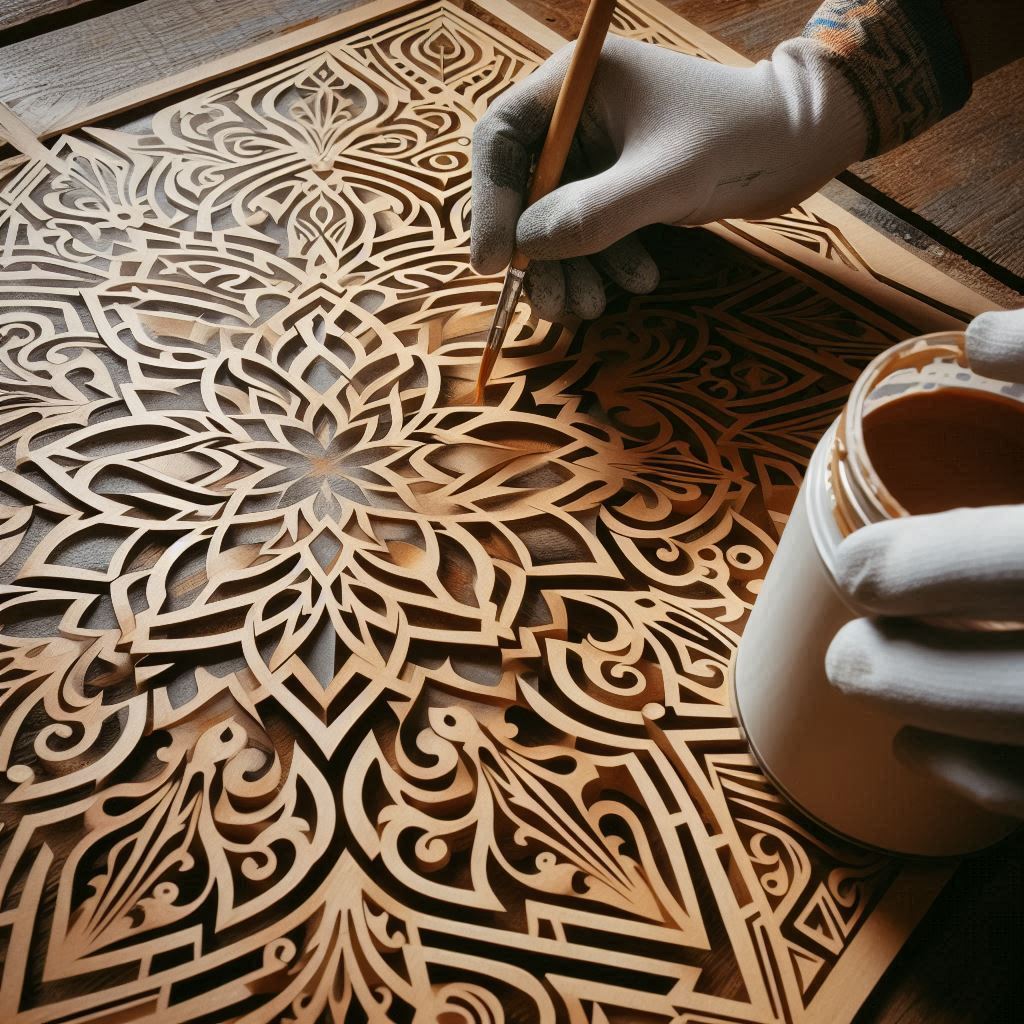 Applying Paint to a Stencil to paint a symmetric pattern on wood, photograph