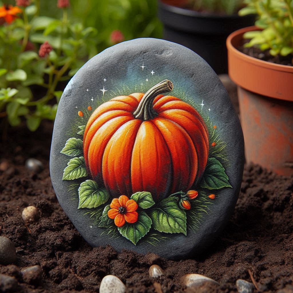 painting of a pumpkin on a stone used as a garden marker