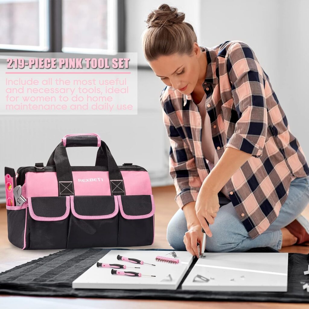 REXBETI 219-Piece Pink Tool Set, Ladies Hand Tool Set with 16 inch Tool Bag