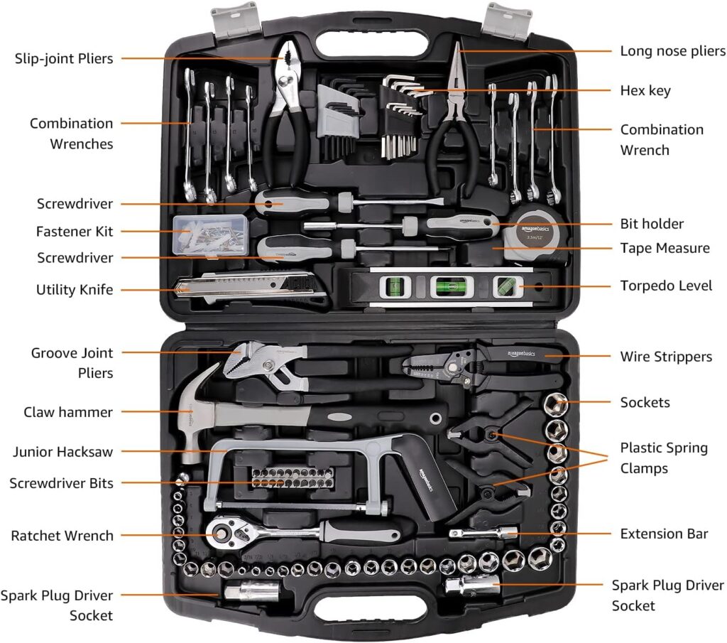 Amazon Basics 173-Piece General Household Home Repair Mechanic's Hand Tool Set with Storage Case, Portable for DIY