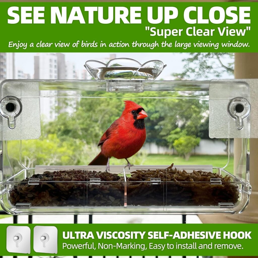 WENMIXER Window Bird Feeder with Non-Marking Self-Adhesive Hooks