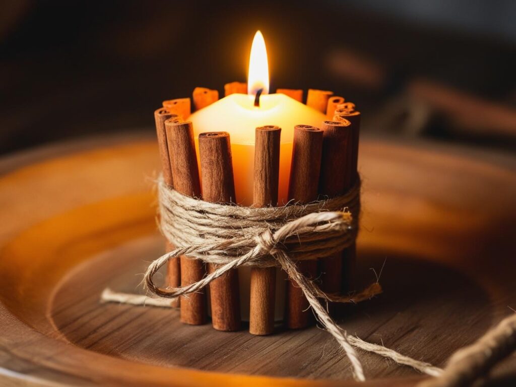 cinnamon sticks Placed around the outside of a small pillar candle and tied in place with twine