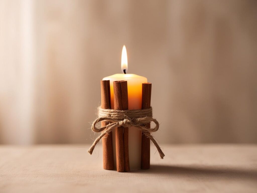 cinnamon sticks Placed around the outside of a small pillar candle and tied in place with twine
